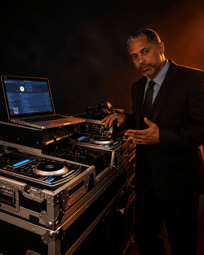 Portrait of DJ Sire behind his DJ setup