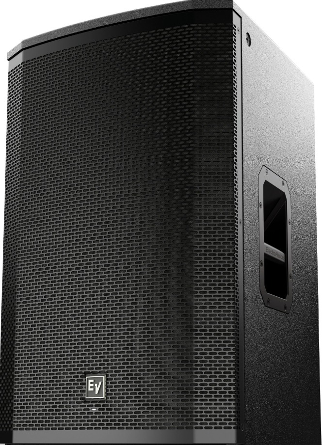 EV powered speaker on a stand lit with blue stage light